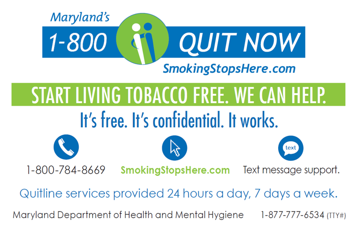 Maryland's 1-800 QUIT NOW hotline card